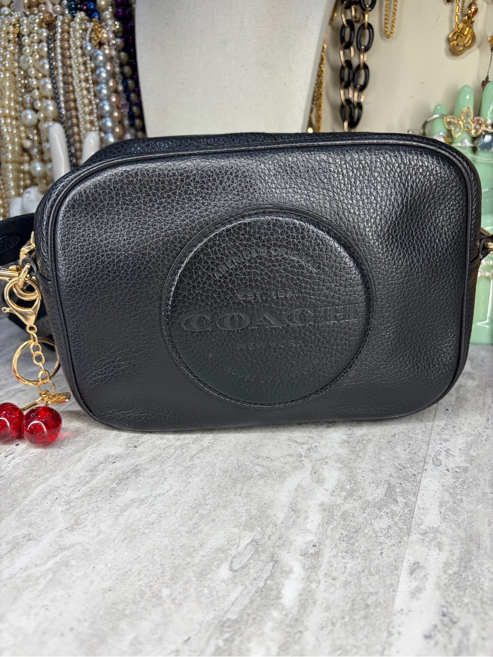 Leather Coach Camera Bag Guitar Strap Crossbody W Charm Purse Black Gold